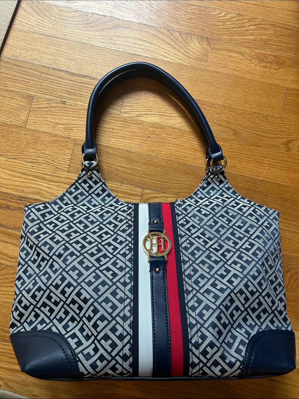 Tommy Hilfiger Navy Logo Tote with Red & White Center Stripe NWOT